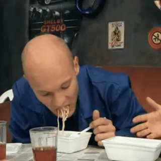 🍜 eating, noodles, food, man, bald, table telegram sticker