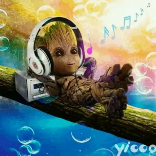 🌴 Groot Guardians of the Galaxy Groot, tai nghe, âm nhạc, cây, hoạt hình, nhân vật, bong bóng, thư giãn telegram sticker