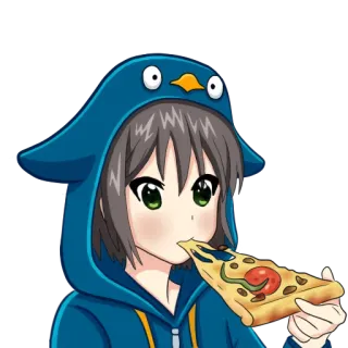 🍕 Anime, Fille, Pingouin, Sweat à capuche, Pizza, Manger, Dessin animé, Mignon whatsapp sticker