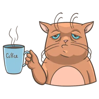 😐 Coffee cat, coffee, tired, morning, animal, cartoon, cute telegram sticker