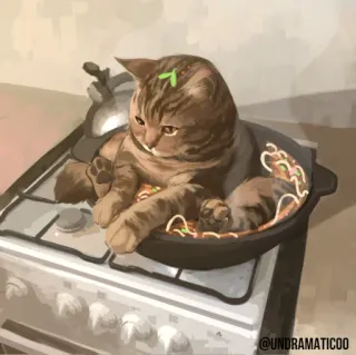 🌟 @UNDRAMATIC00 gato, cocina, estufa, sartén, pasta, divertido, gatito telegram sticker