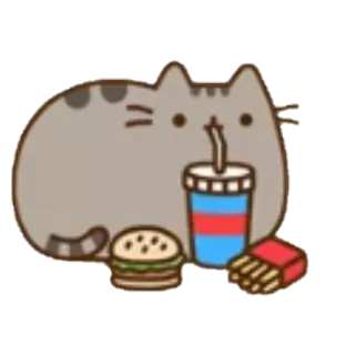 🥤 Pusheen gato, comida, lindo, hamburguesa, papas fritas, bebida, dibujos animados, pegatina whatsapp sticker