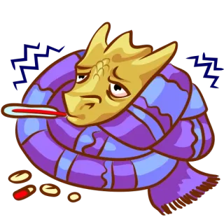 😓 drago, malato, febbre, termometro, sciarpa, freddo, influenza, cartone animato, animale whatsapp sticker