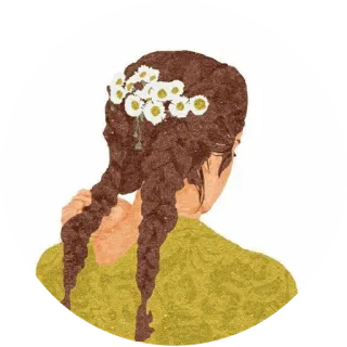🌸 женщина, косы, цветы, волосы, брюнетка, вид сзади, портрет, ромашки telegram sticker