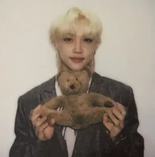 🧸 person, man, teddy bear, portrait, blond hair, jacket telegram sticker