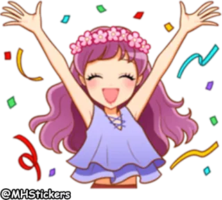 💃 @MHStickers menina, celebração, confete, coroa de flores, feliz, cabelo roxo, desenho animado telegram sticker