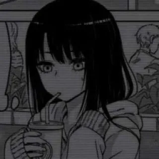 🖤 Dziewczyna anime, Picie, Na luzie, Monochromatyczny, Wewnątrz telegram sticker
