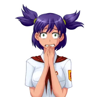😨 anime, garota, assustada, uniforme, cachecol vermelho, cabelo roxo telegram sticker