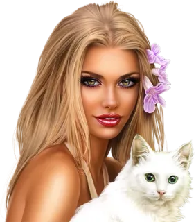 🐈 mujer, gato, rubia, flores, retrato, arte digital telegram sticker