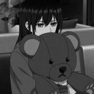 ❄️ anime girl, teddy bear, sad, lonely, monochrome, cartoon telegram sticker