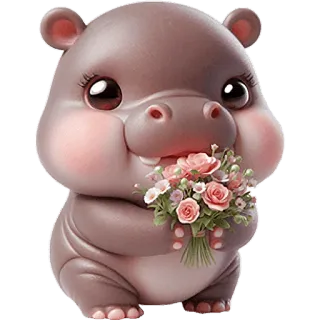 💐 ippopotamo, carino, animale, cartone animato, fiori, bouquet whatsapp sticker