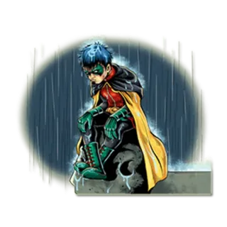 ☔ Robin dcコミックス, ティーン・タイタンズ, スーパーヒーロー, 座る, 雨 telegram sticker