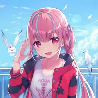 👾 AQUA 05 anime, gadis, imut, merah, biru, laut, langit, burung camar, Vtuber telegram sticker
