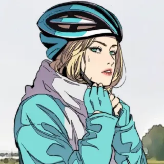 🕸 mujer, ciclismo, casco, sudadera con capucha, guantes, pelo rubio, estilo anime telegram sticker