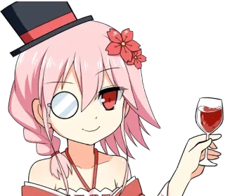 🍷 anime, personagem, vinho, monóculo, chapéu, cabelo rosa whatsapp sticker