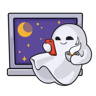 😊 ghost, night, moon, stars, candle, smartphone, window, cute telegram sticker