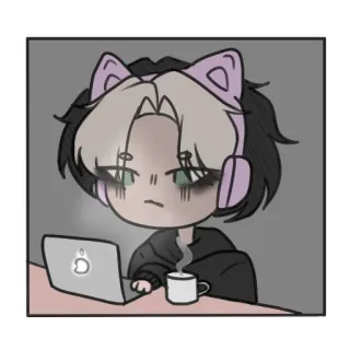 🥱 Anime, Orejas de gato, Auriculares, Laptop, Café, Dibujos animados, Arte digital whatsapp sticker