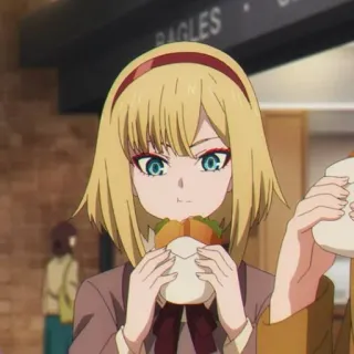 🥀 Anime, Ragazza, Cibo, Mangiare, Cartone animato, Capelli biondi, Panino telegram sticker