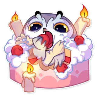 🎂 burung hantu, kue, lilin, hidangan penutup, imut, kartun telegram sticker