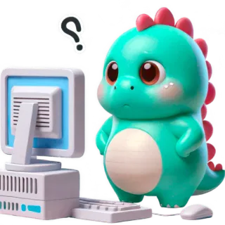 🤨 ไดโนเสาร์, คอมพิวเตอร์, การ์ตูน, เครื่องหมายคำถาม, คาวาอิ, น่ารัก whatsapp sticker