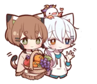 Ⓜ Anime, Chibi, Mono, Kawaii, Orejas de gato, Cesta de fruta telegram sticker