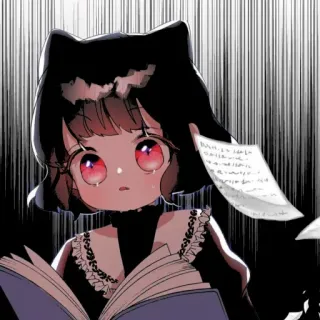 🎀 fille, animé, oreilles de chat, pleure, lecture, livre, triste, manga telegram sticker