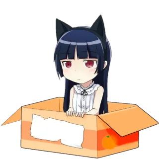 😺 аниме девушка, чиби, нэко, кошачьи уши, коробка, оранжевый telegram sticker