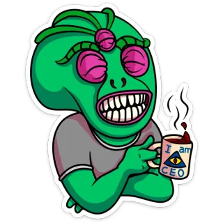 😀 I am CEO Alien, CEO, Café, Líder, Gerente, Sucesso, Desenho animado, Personagem whatsapp sticker