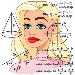 😐 h
30%
2X
X73
60
sin (α+β)
tga+tg
casa cos
tga-tg =
sin d
sin (α-β)
casa cosβ
a
Pa
O cosax
β
sina + sinβ = 2 sin + cos
2
α-β
X sina-sin ẞ2 sin cos
2
cosa + cosẞ = 2cos+cos
cosa - cos B = 2sin
2
α+β
2
αβ
2
2
sin Ba
2 математика, формулы, геометрия, женщина, образование, наука telegram sticker