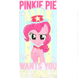 💂 Pinkie Pie My Little Pony PINKIE PIE
WANTS YOU TO SMILE! мультфильм, пони, улыбка, Пинки Пай, патриотический telegram sticker