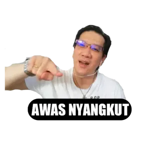 🤣 AWAS NYANGKUT meme, warning, pointing, man, indonesian telegram sticker