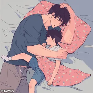 🖤 @HAWKS dormire, padre, figlio, letto, salutare, famiglia whatsapp sticker