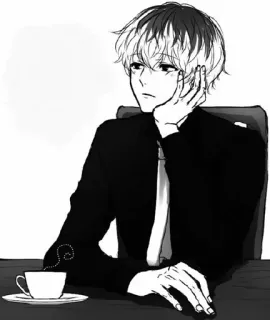 ♠️ Mann, Anzug, Krawatte, Schreibtisch, Anime, Schwarzweiß, Büro, Kaffee whatsapp sticker