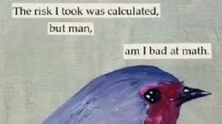😫 The risk I took was calculated, but man, am I bad at math. uccello, matematica, rischio, divertente, meme telegram sticker