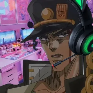 🖥 Jotaro Kujo JoJo's Bizarre Adventure Anime, Gaming, Otaku, Gamer, Tastatur, Headset, Schreibtisch, Rosa Ästhetik telegram sticker