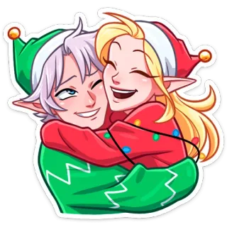 🤗 elf, kerst, feestdagen, koppel, cartoon, feestelijk, knuffel telegram sticker