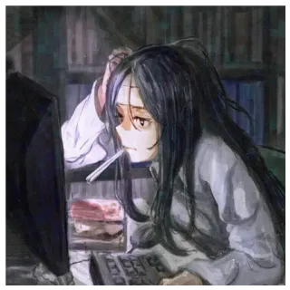 🛒 anime, cigarette, fatigué, ordinateur, travail telegram sticker