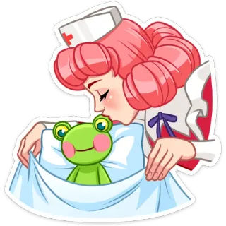 ☺️ enfermera, rana, lindo, dibujos animados, doctor, hospital, médico, pelo rosa whatsapp sticker