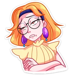 😐 wanita, jengkel, sinis, kacamata, kuning, kartun telegram sticker
