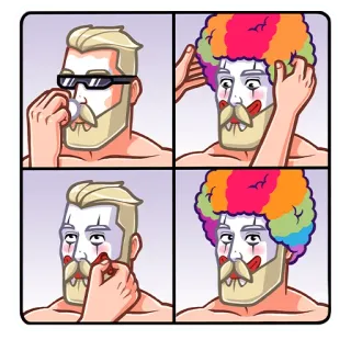 🤡 clown, makeup, transformation, man, facepaint, wig whatsapp sticker