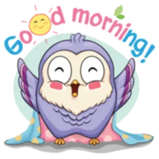 ☀️ Good morning! búho, buenos días, lindo, dibujos animados, saludo, sol whatsapp sticker