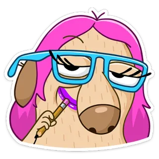 🤓 Dessin animé, Chien, Maquillage, Lunettes, Cheveux roses, Crayon, Rouge à lèvres whatsapp sticker