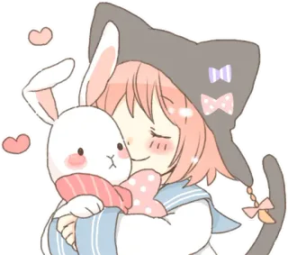 🤗 Anime, Mignon, Kawaii, Fille, Oreilles de chat, Lapin, Câlin, Rose, Illustration telegram sticker
