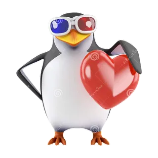 ❤ chim cánh cụt, trái tim, kính 3D, tình yêu, hoạt hình, động vật telegram sticker