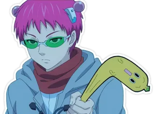 🏒 Saiki The Disastrous Life of Saiki K. Anime, Cabelo rosa, Óculos verdes, Sticker, Mangá, Saiki K telegram sticker