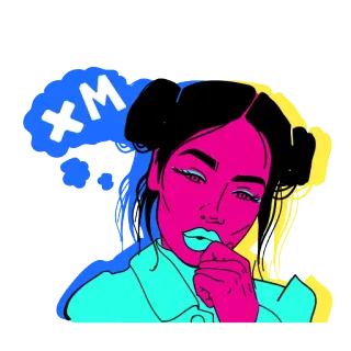 😐 XM Frau, Porträt, Illustration, Duttfrisur, Bunt, Denken telegram sticker