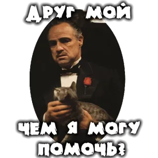 😽 The Godfather ДРУГ МОЙ 
ЧЕМ Я МОГУ ПОМОЧЬ? marlon brando, pate, katze, meme whatsapp sticker