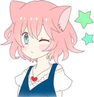😉 Anime, Ragazza gatto, Kawaii, Carino, Capelli rosa, Stelle, Occhiolino telegram sticker