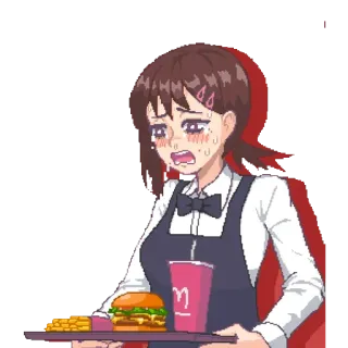 😢 anime, girl, waitress, burger, fries, food telegram sticker
