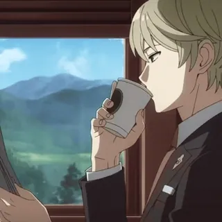🎩 anime, kawa, pociąg, okno, postać, garnitur telegram sticker